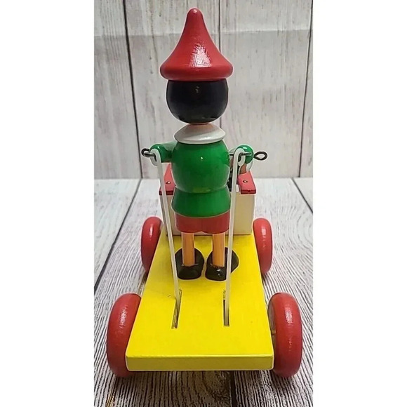 Vintage Unbranded Wooden Pinocchio Pull Toy Figure Yellow Red Green 7.5" - Picture 7 of 8